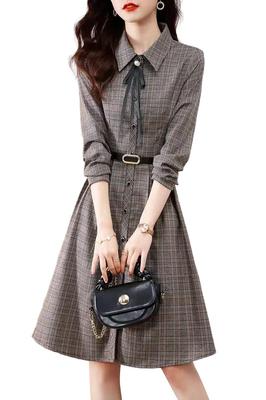 Chubikime Shirt Long Check Stylish for and Spring Women's Dress, Sleeve, Pattern, Knee-Length, A-Line, Belted, Turn-Down Collar, Elegant, Slimming,
