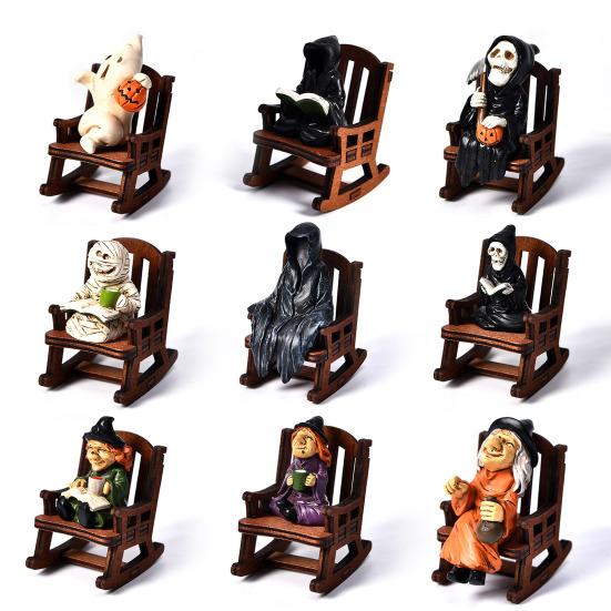 Halloweenská čarodějnice figurka pryskyřice miniatura socha ponurého žence čarodějnice duch v houpacím křesle gotická dekorace na stůl polici