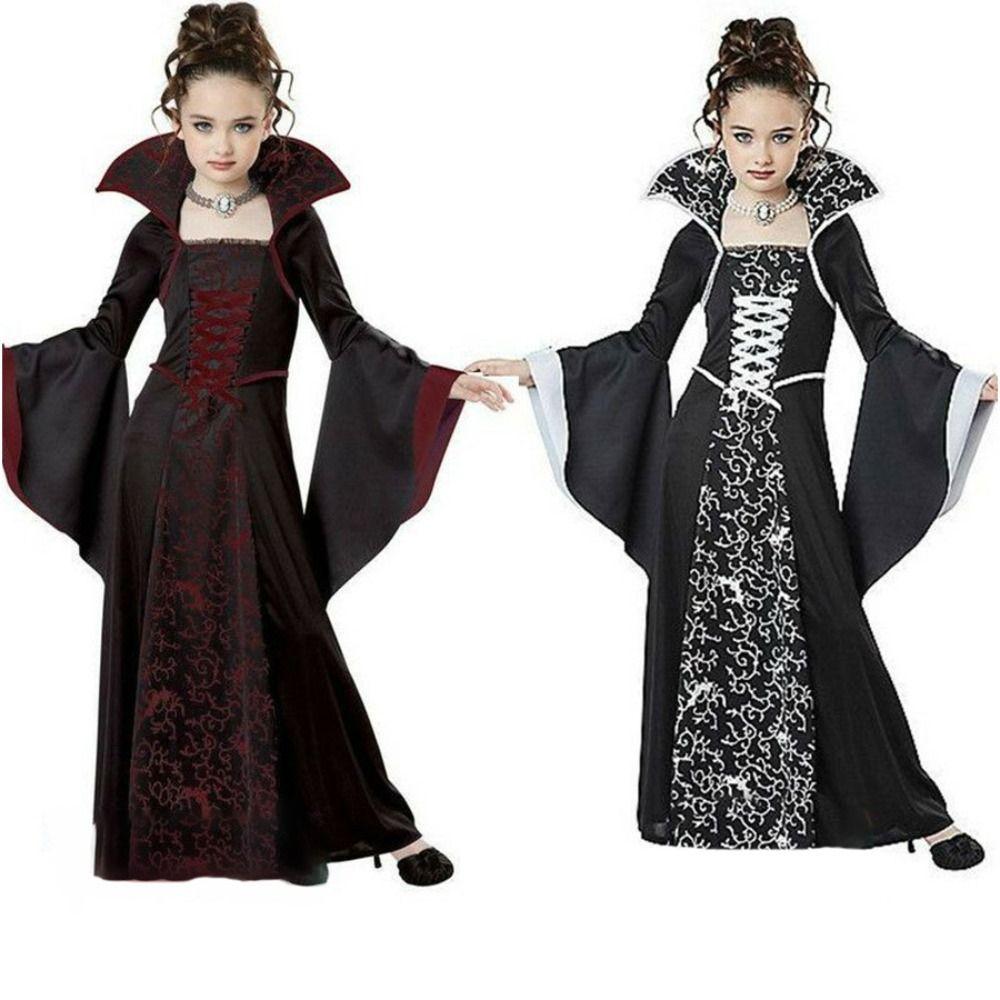 Stand Collar Halloween Witch Long Dress Bell Sleeve Children Medieval Printed Dress  Adults
