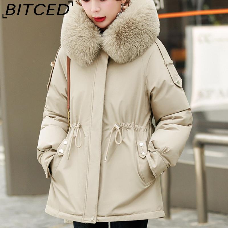 BITCED Fleece-Lined Thickened Down-Filled Cotton Coat for Women - Short Style Autumn/Winter Waist-Defining Design with Large Fur Collar