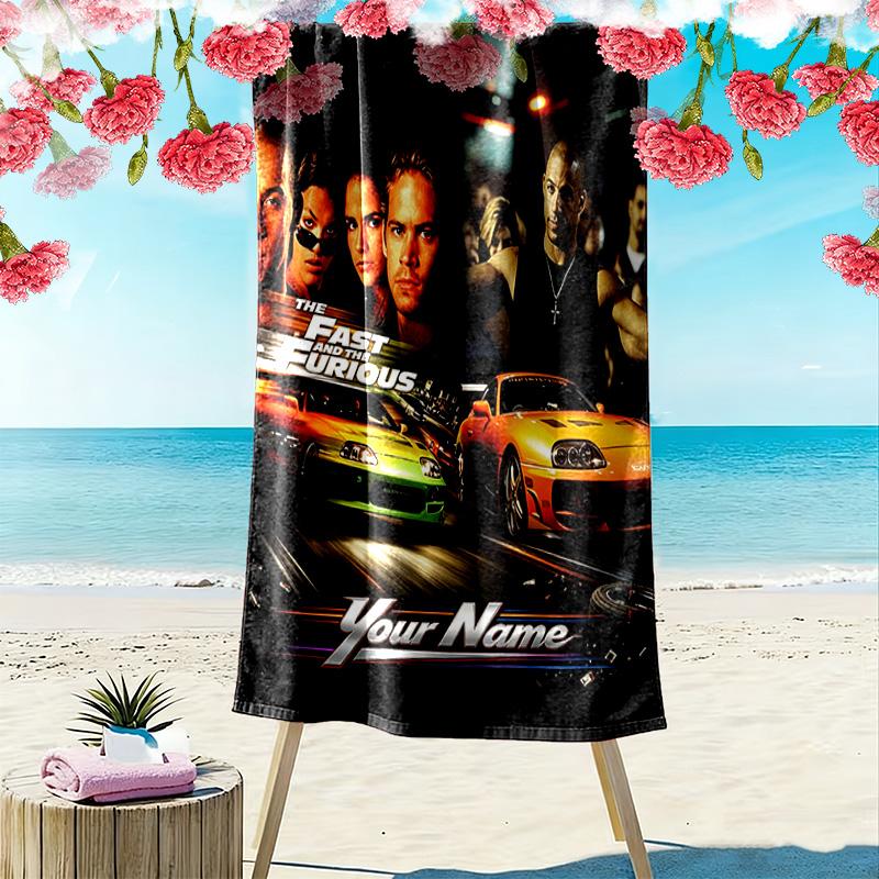 Name Custom Car Racing Fast Furious Print Beach Towel, Large Soft Quick Dry Towel for Beach Camping Swimming