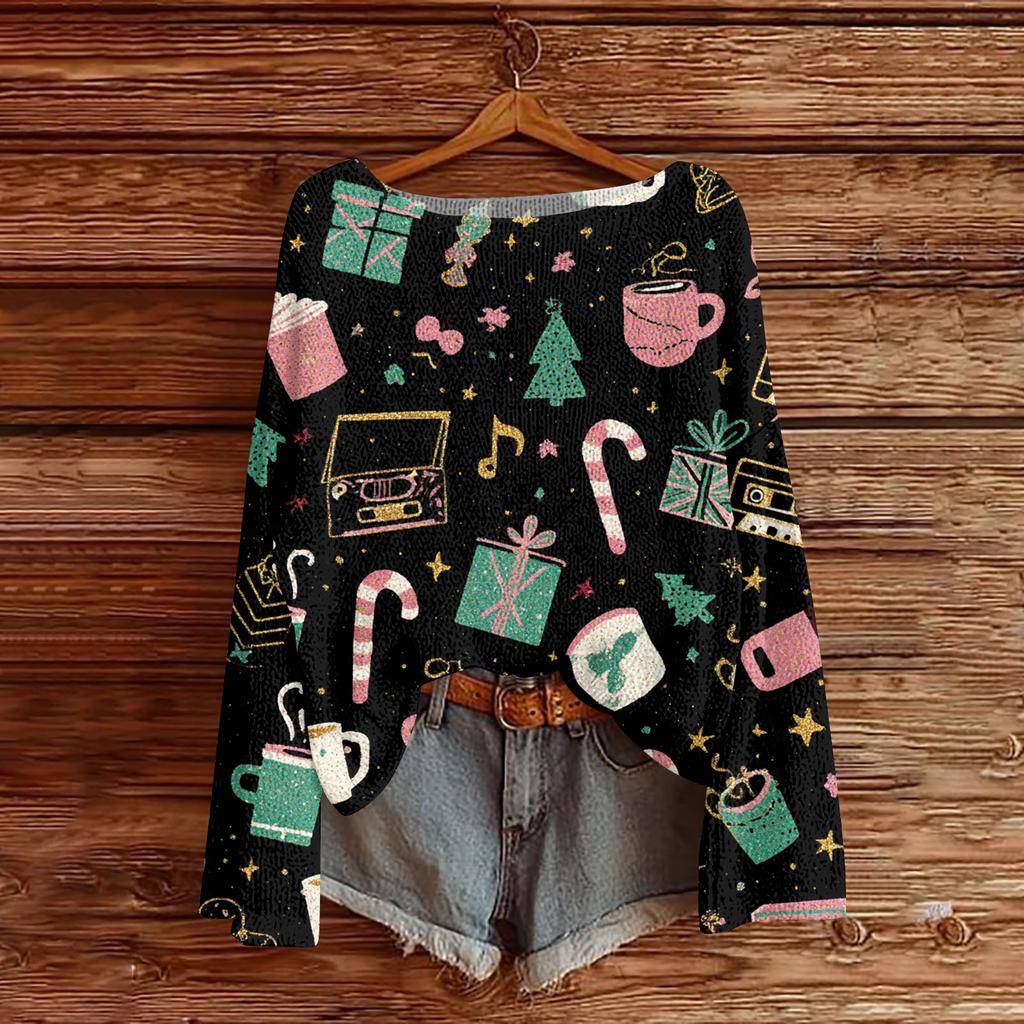 Women's Round Neck Lightweight Sweater Casual Long Sleeve Christmas Print Knit Pullover