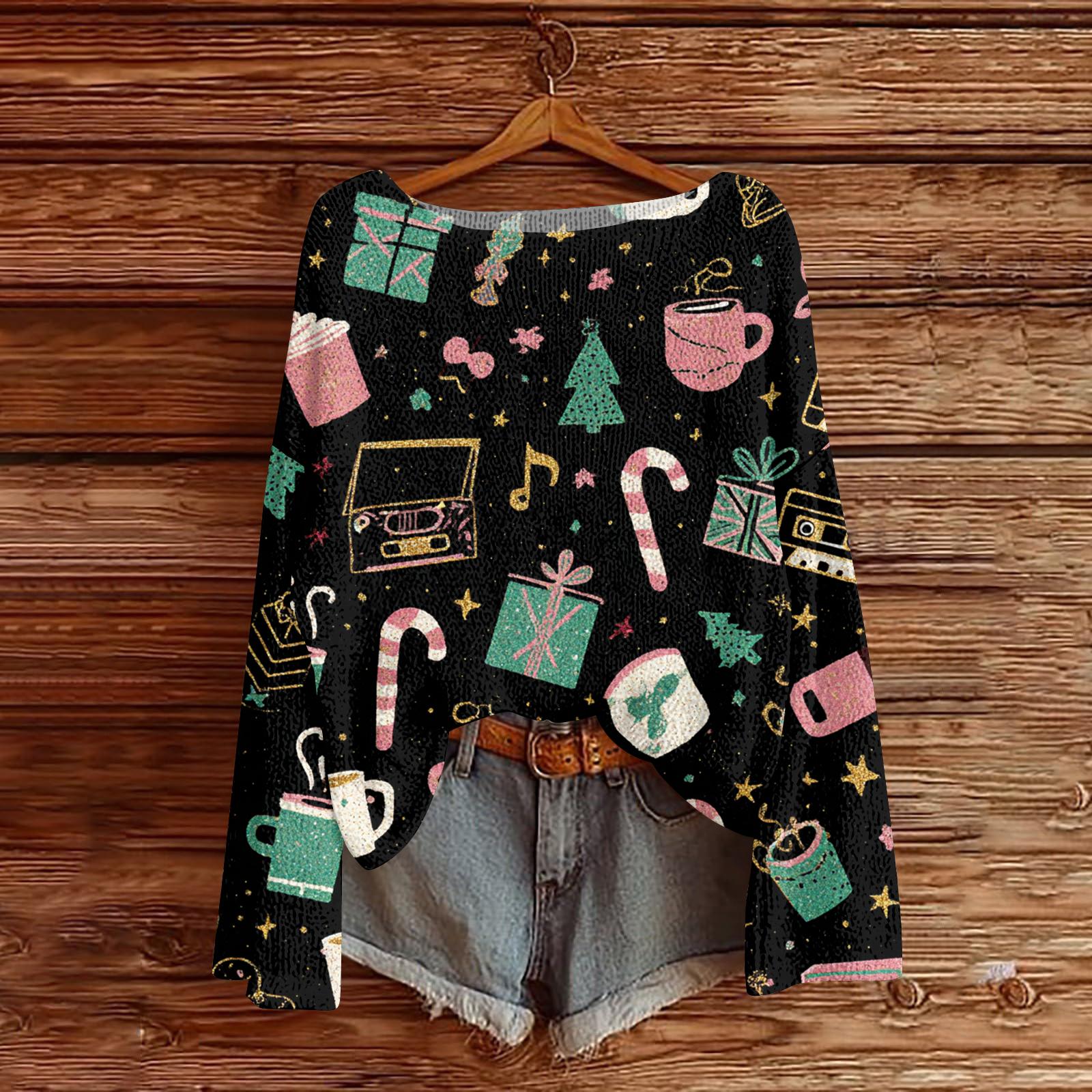 

Женский легкий свитер с круглым вырезом, повседневный вязаный пуловер с длинным рукавом и рождественским принтом L