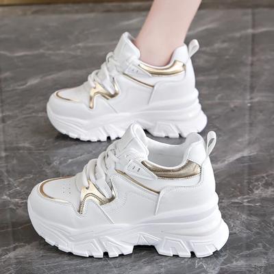 Baskets à plateforme blanche chunky pour femmes Printemps Cuir PU Semelle épaisse Chaussures vulcanisées Femme Lacets Antidérapantes Chaussures de sport