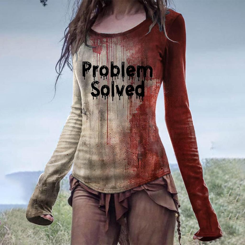Women's Scoop Neck Long Sleeve T-Shirt Halloween Blood Hand I'm Ok It's Not My Blood 3D Print Gothic Casual Top S-5XL