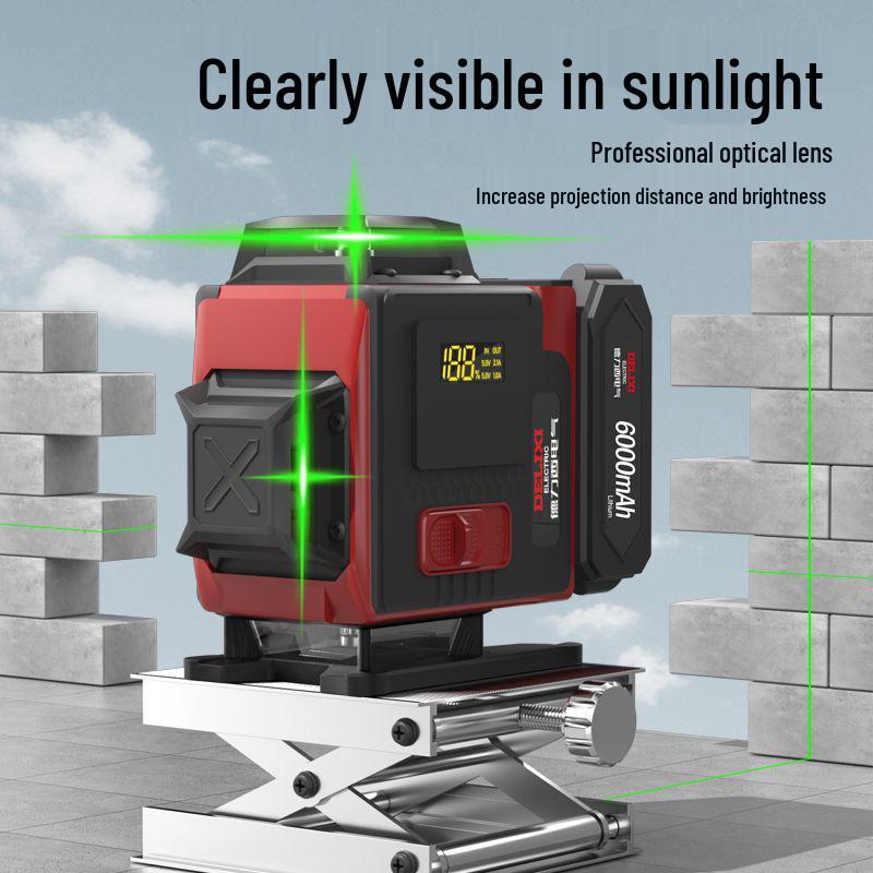 Delixi Electric Green Light Infrared Spirit Level Kit with Tripod, Inclined Adapter, and Battery Charger.