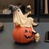 Spooky Desktop Ornament Cute Ghost Figurine, Sitting on Pumpkin Statue with Witch Halloween Gifts for Women Hat, Resin Tabletop Home Party Decor