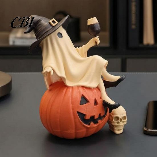 Spooky Desktop Ornament Cute Ghost Figurine, Sitting on Pumpkin Statue with Witch Halloween Gifts for Women Hat, Resin Tabletop Home Party Decor