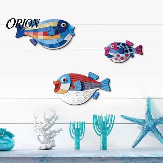 Modern Nursery Wall Art 3Pcs Wooden Fish Art, Nautical Hanging Ornaments, Rustic Ocean Style Punch Free Sculpture, Coastal Decorations for Beach House