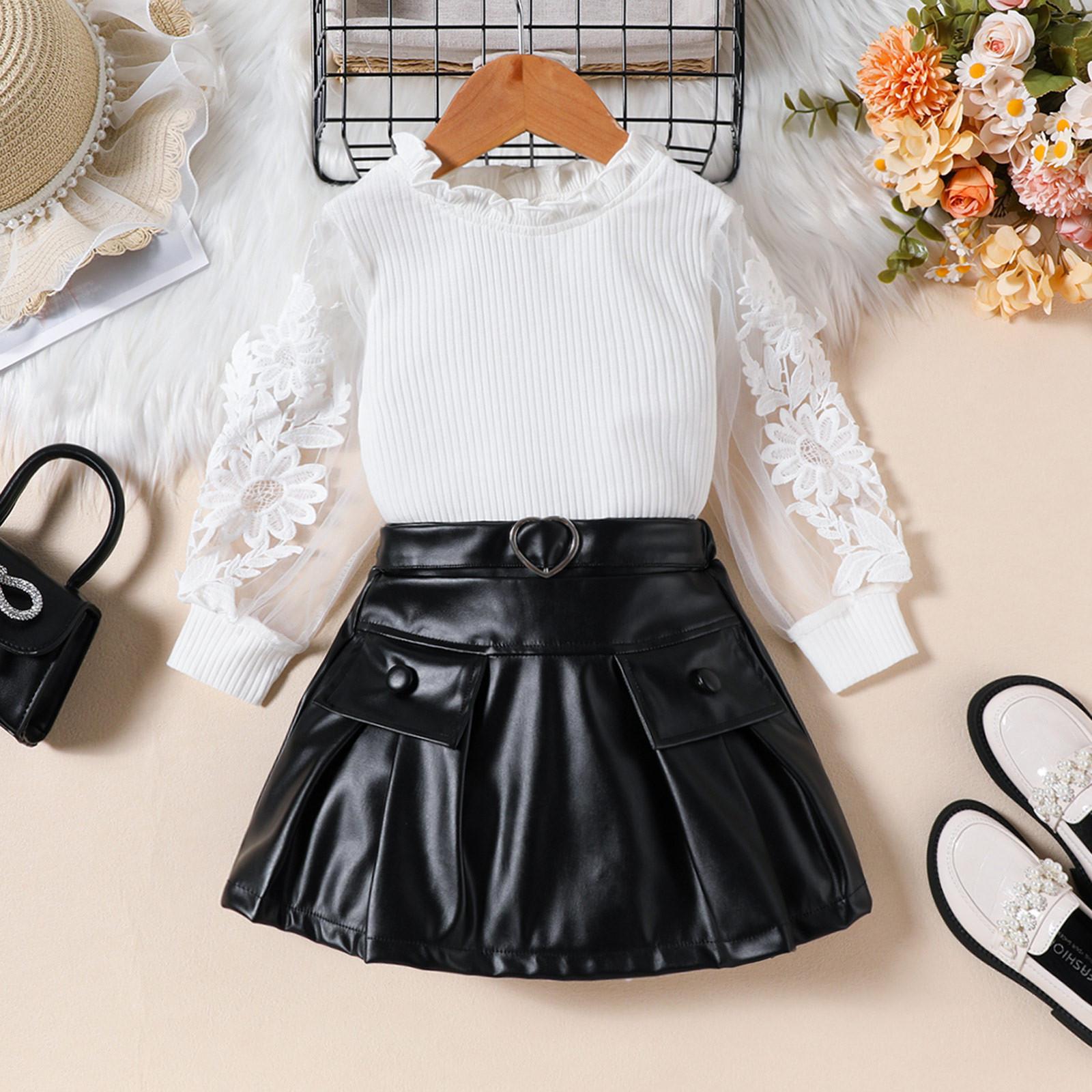 

Осенний двухцветный сетчатый топ с длинными рукавами и вышивкой для девочек, юбка из искусственной кожи, детский комплект 130