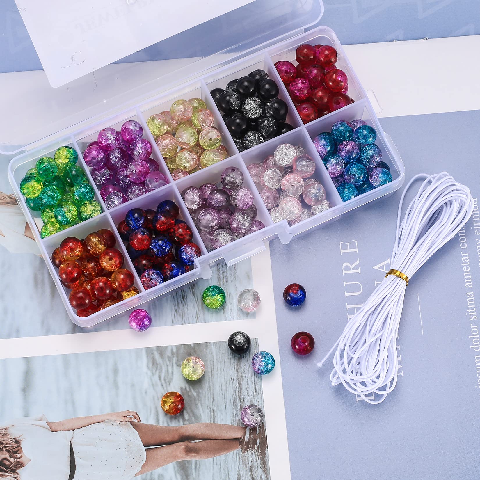 

200pk 8mm Crackle Glass Beads - Colorful Round Beads w/ Holes & Elastic Thread