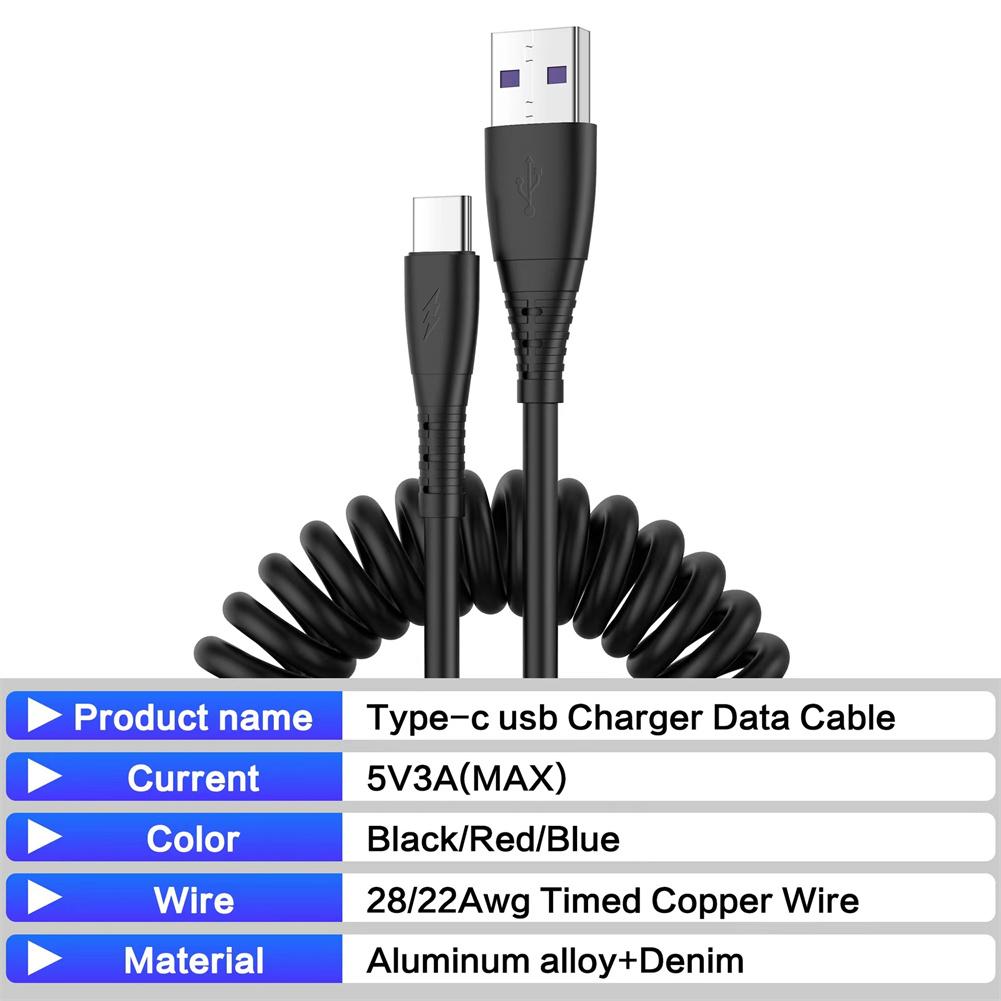 USB Charging Cable Spring Coiled USB To Type C Extension Cord Fast Charging Cable Type C Charge Cable For Tablet Phones Laptop