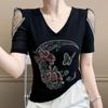 New European V-Neck Women Bling Flower Butterfly T-Shirt Streetwear Hot Diamonds Tees Summer Short Sleeve Slim Tops