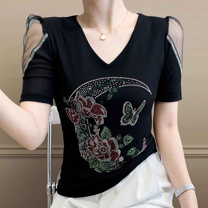 New European V-Neck Women Bling Flower Butterfly T-Shirt Streetwear Hot Diamonds Tees Summer Short Sleeve Slim Tops