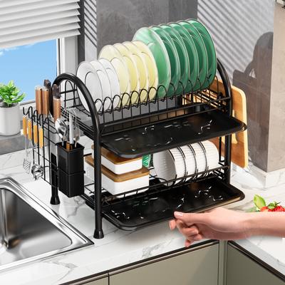 Dish Drying Rack Plates Bowl Organizer with Drain Tray Dish Drainer Storage Rack Kitchen Countertop Utensils Draining