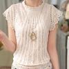 Vintage Stand Collar Slim Blouse Summer Short Sleeve Stylish Hollow Out Women's Clothing Lace Patchwork Casual Solid Color Shirt