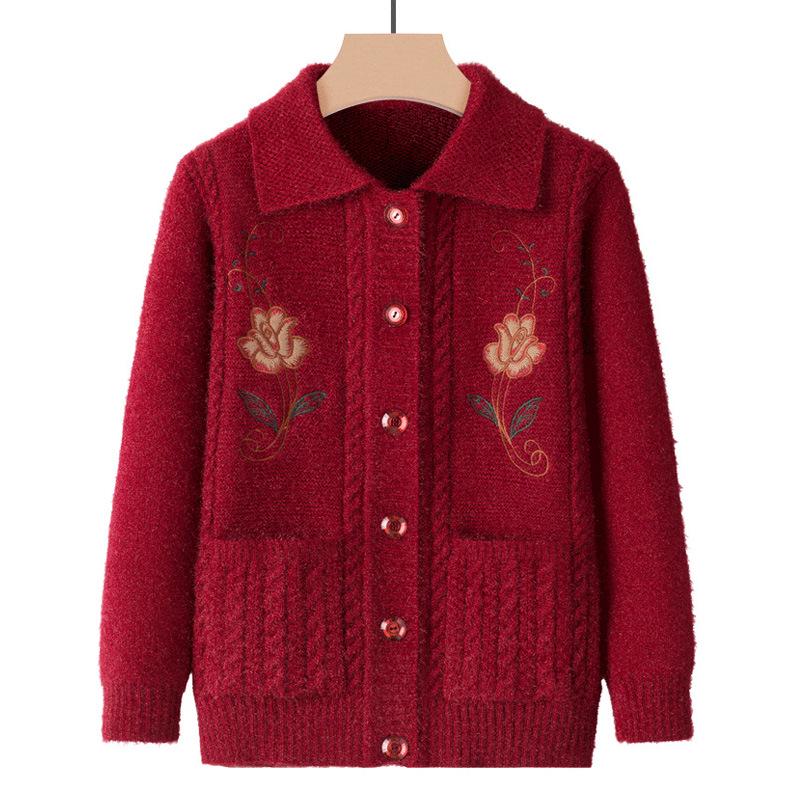 

Plus Velvet Embroidered Autumn/Winter Sweater Cardigan for Middle-aged & Elderly Women Wine Red (Unlined)