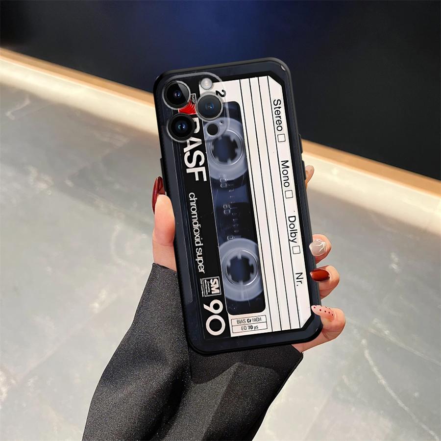 Retro Cassette Tape Case for iPhone XS Max 7 8 13 12 11 17 Pro Max 15 16 14 Plus 17Air XR Black Soft Phone Cover