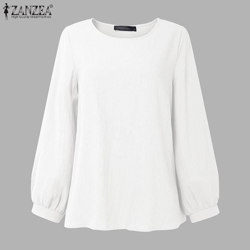 

ZANZEA Женские винтажные блузки с круглым вырезом и длинным рукавом, повседневные свободные топы S белый