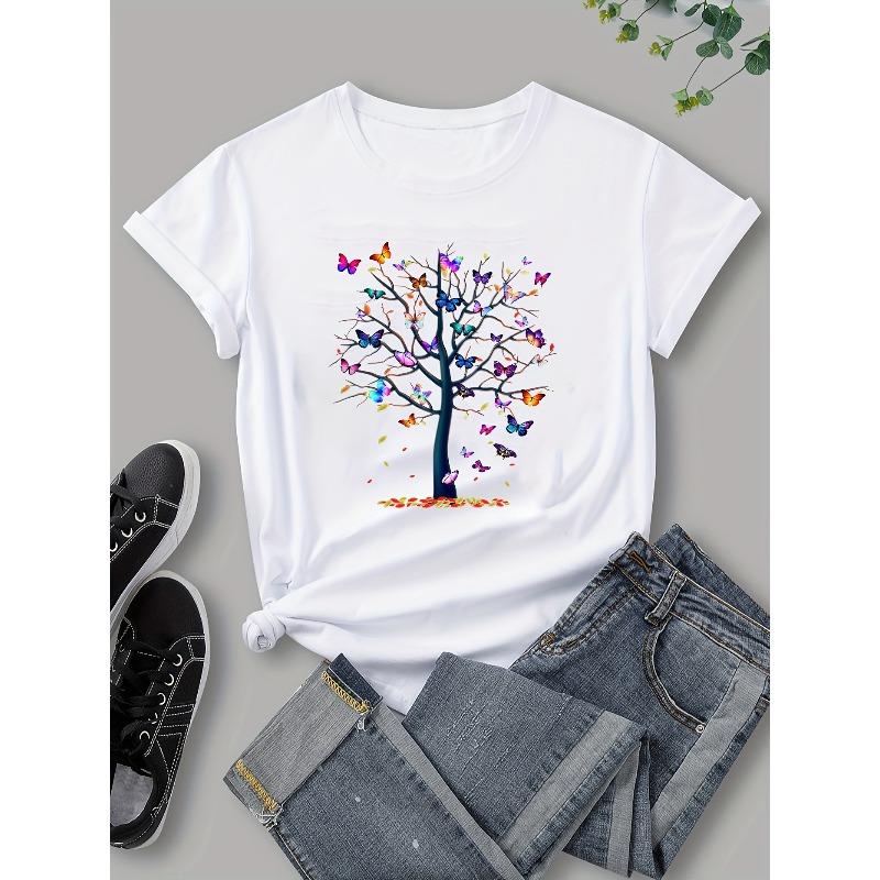 Butterfly Tree Print T-Shirt, Short Sleeve Casual Top for Summer & Spring, Women's Clothing European Size