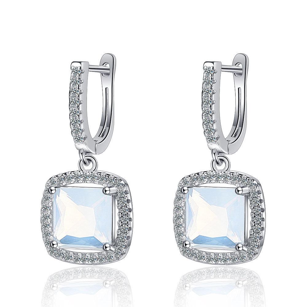 925 Sterling Silver High-end Full Diamond Blue Square Zircon Earrings Birthday Anniversary Wedding Party Gift