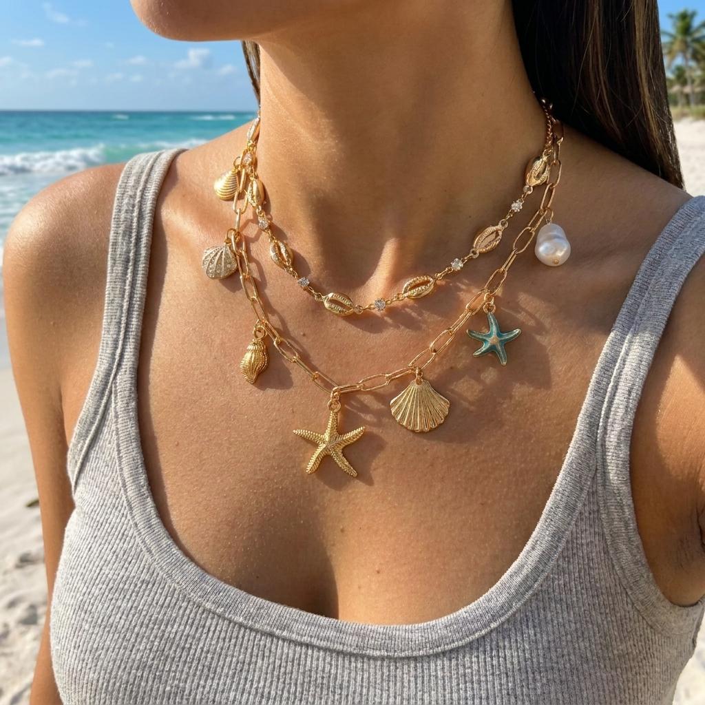 Bohemian Multilayer Metal Starfish Shell Pendant Necklace For Women Crystal Zircon Pearl Long Tassel Choker Beach Party Jewelry