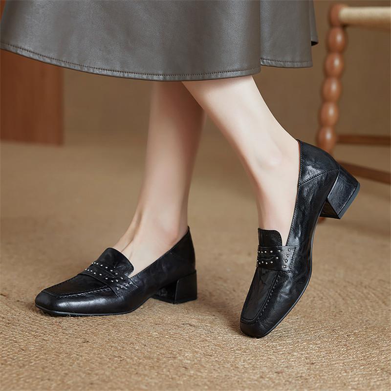 Fashion New Spring/autumn Genuine Leather Women Shoes Square Toe Shoes for Women Fashion Rivet Loafers Shoes Mid Heels Women Pumps