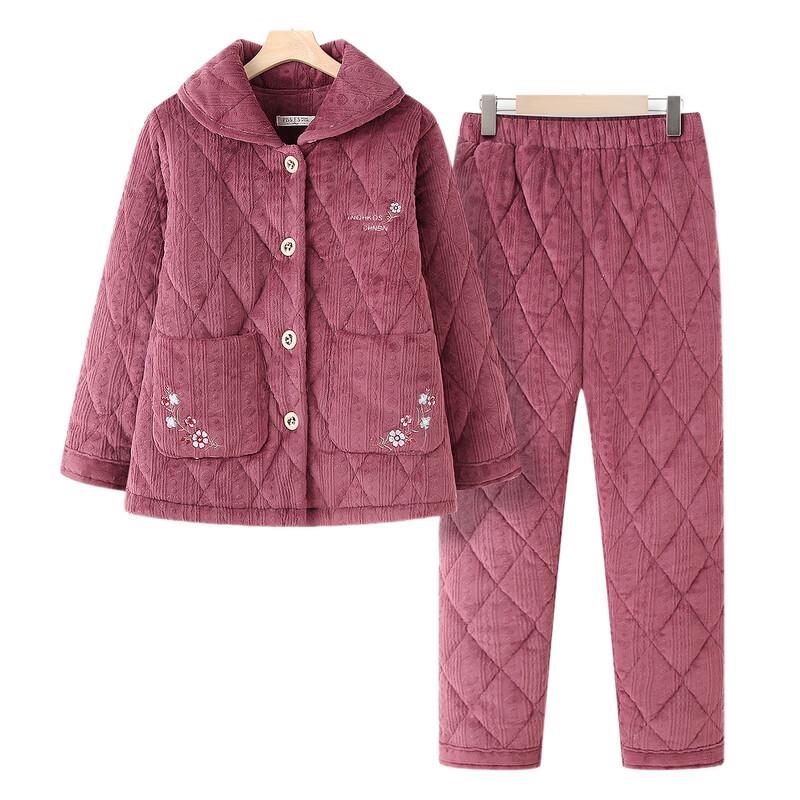 Moou Elderly Women's Warm Coral Fleece Two-Piece Winter Outfit