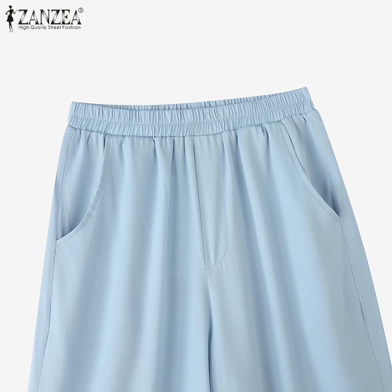 ZANZEA Women Casual Elastic Waist Loose Stripe Splice Cropped Pants