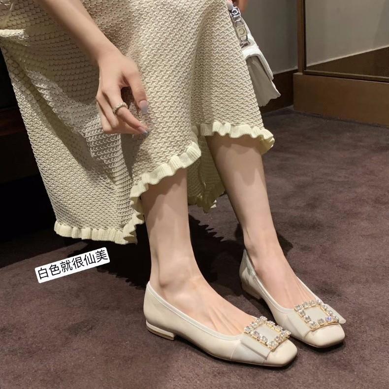 Sheepskin Version~ Classic Temperament Square Buckle Rhinestone Commuting Versatile Single Shoes Women's Autumn Leather Mary Jane Flats Ladyshoes