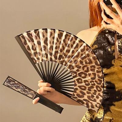 BEPAN Chinese Leopard Print Folding Fan, Portable Bamboo Fan for Summer, Special Bamboo Bone Fan for Dance