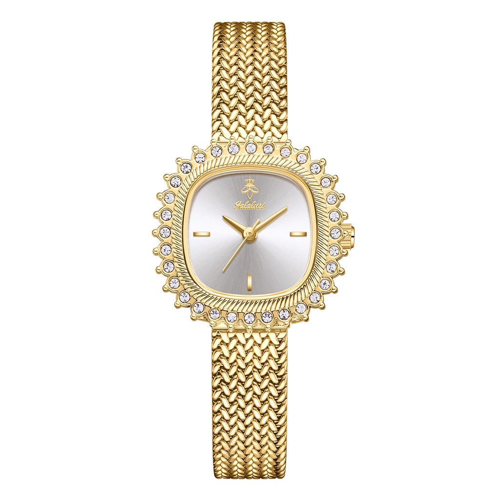YaLaLuSi Brand Women's Luxury Gold Rhinestone Watch Green Dial Niche Design Quartz Watch Stylish Woven Metal Strap Gift Box Set