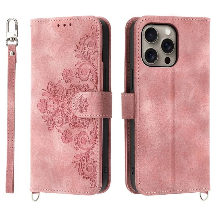 

For iPhone 16 Pro Max Leather Case Multiple Card Slots Phone Cover with 2 Straps - Pink