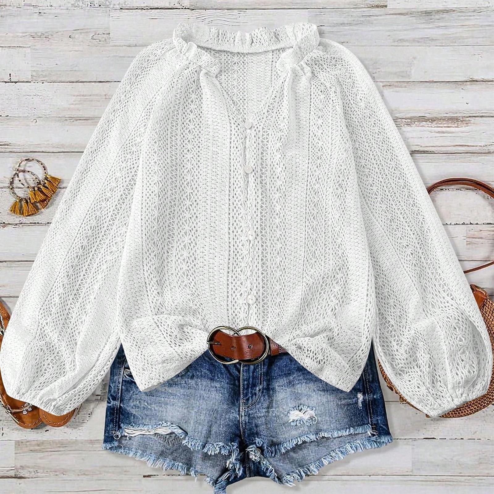 

Женская свободная и модная универсальная рубашка-топ с V-образным вырезом из ажурного кружева, на пуговицах, с длинными рукавами XL белый