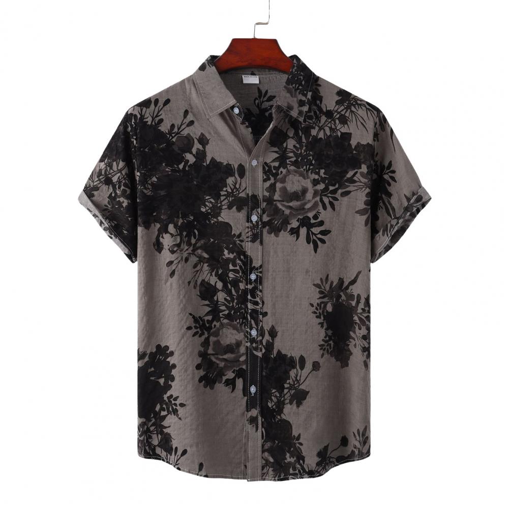 Summer Men Shirt Vintage Floral Print Turn-down Collar Single-breasted Short Sleeves Loose Cardigan Buttons Mid Length Top