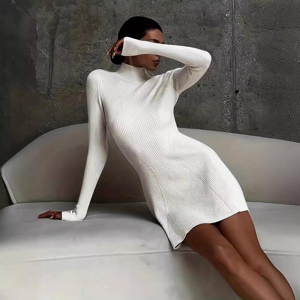 Dámské jednobarevné šaty s dlouhým rukávem, polovičním rolákem, sexy přiléhavé, krátké, pletené