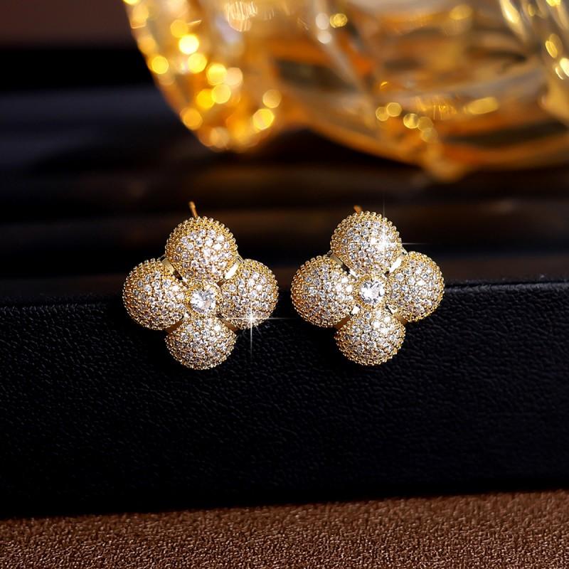 Elegant Four Leaf Clover Zircon Necklace Earring Set Women Gold Tone Fine Jewelry Wedding Bridal Accessory