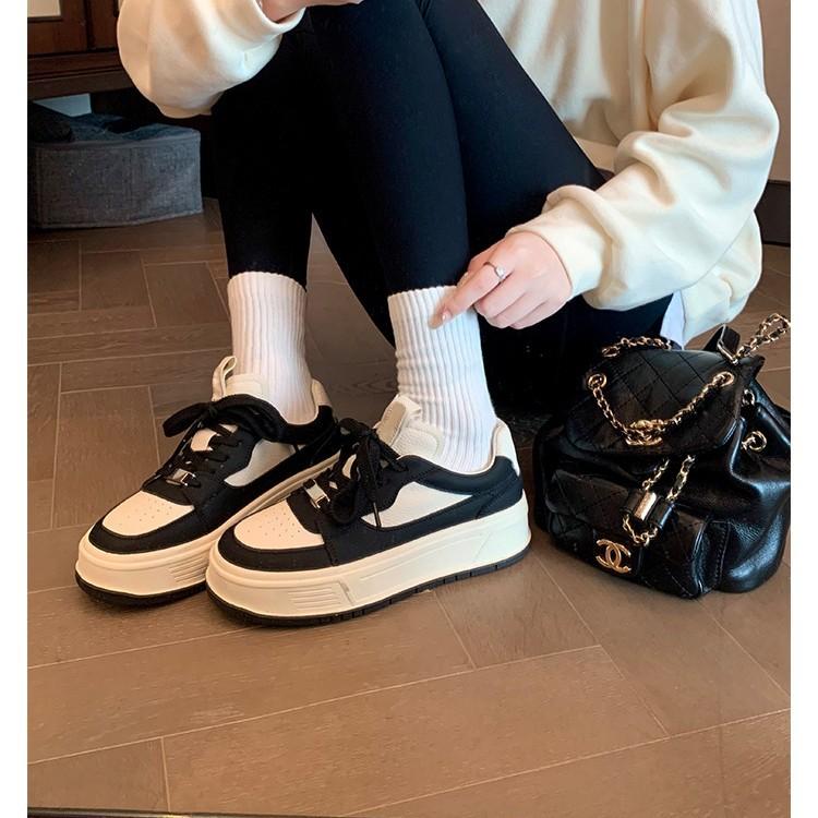 Cowhide~ Genuine Leather Little White Shoes Women's Round Head Color Matching Muffin Thick Sole Height Increase Casual Sports Shoes Versatile Lace-u