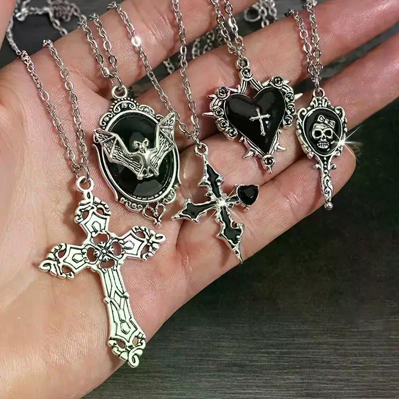 5Pcs Gothic Necklace Set For Women Halloween Jewelry Heart Bat Spider Cross Pendant Sweater Chain Trendy Daily Accessories Gift