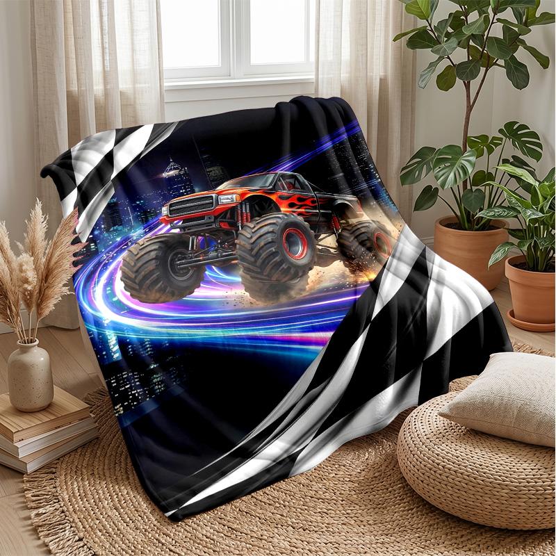 Neon Monster Trucks Theme Blanket Lightweight Warm Flannel Blanket Decorative Throw Blanket for Home Decoration