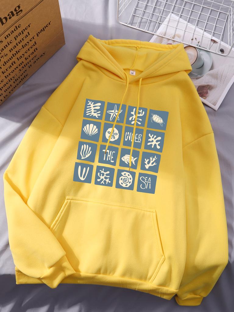 Under The Sea Printing Hoodie Womens Comfortable Loose Pullovers Basics Sporty Sweatshirts Winter Fleece Warm Woman Sportswear