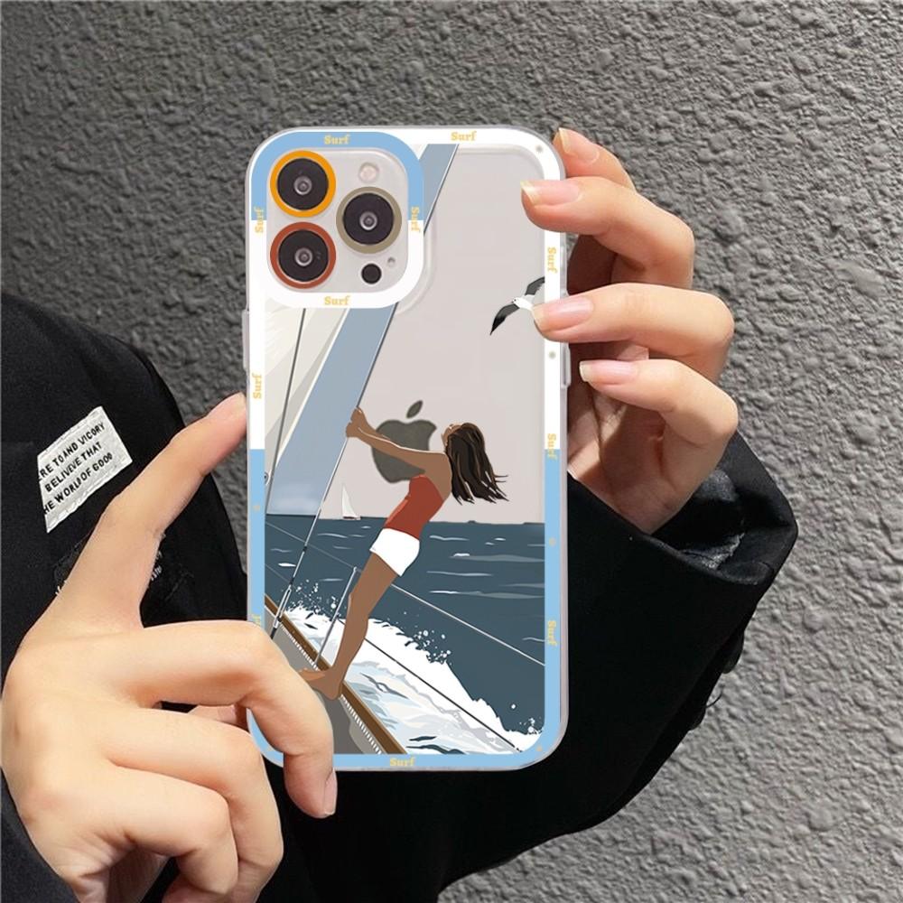 

Чехол для телефона Девушка на серфе на пляже Для iPhone 15 11 12 13 14 Mini Pro Max XR X XS TPU Прозрачный чехол iphone 12 mini