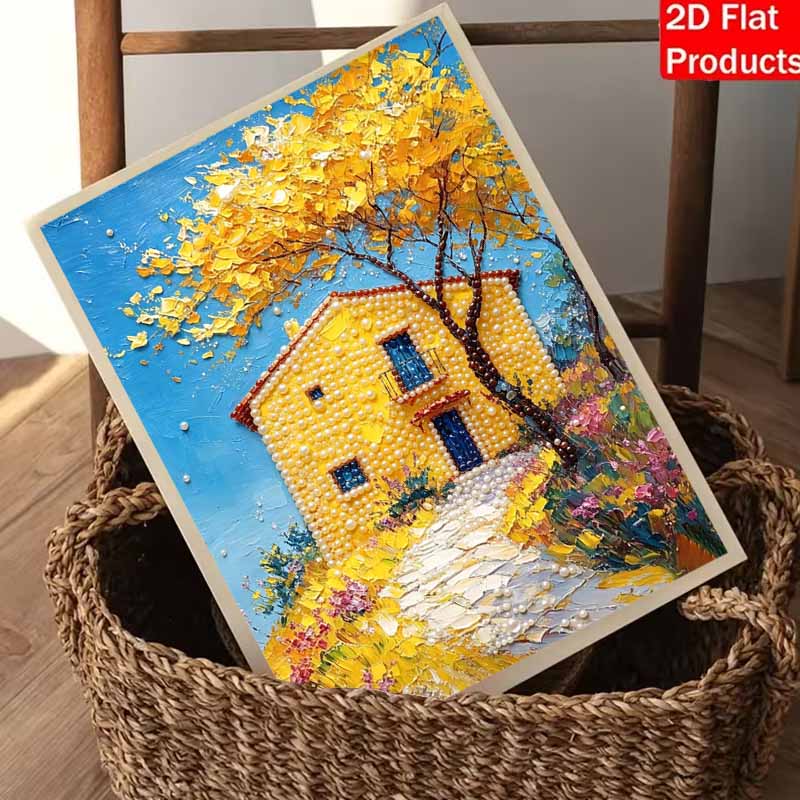 DIY Frameless Pearl Painting Kit Yellow House Scenery 3D Shiny Bead Art Canvas Relaxing Craft for Home Wall Decor Gift Handmade Artwork