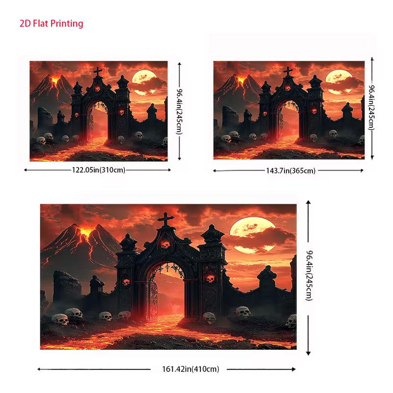 2D Spooky Halloween Backdrop, Hell's Gate with Skulls and Red Moon Banner