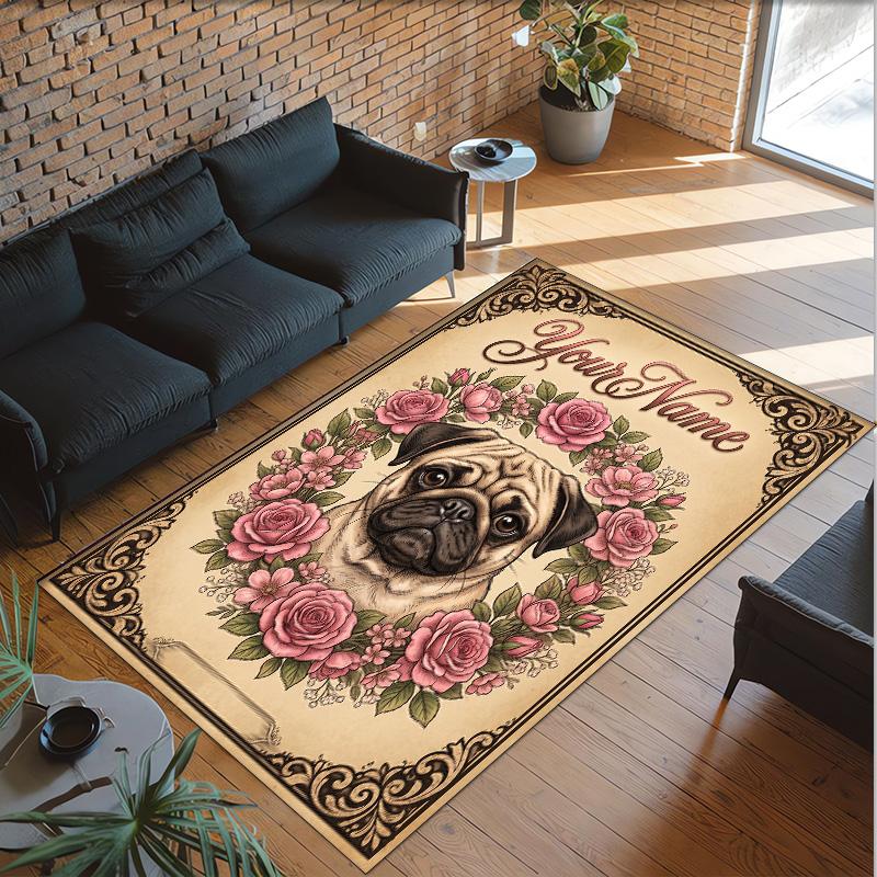 Pug Theme Crystal Velvet Floor Rug Personalized Custom Name Text Warm Carpet Home Decoration