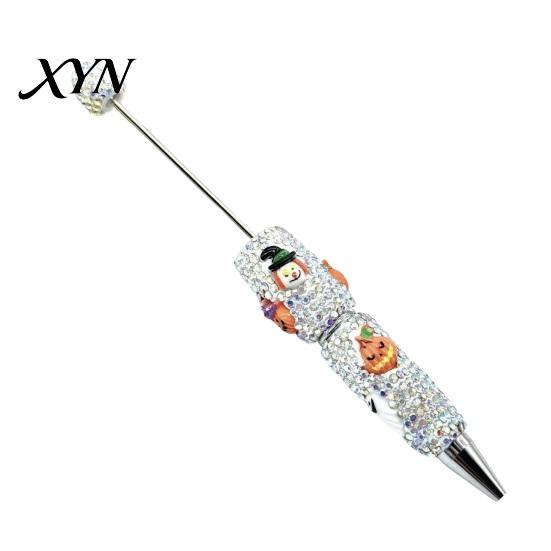 Rhinestone Writing Pen Beadable Pen, Glitter Plastic Beaded Halloween Pumpkin Ghost Skull DIY Set Gel Ink for Craft Making, School Office Supplies