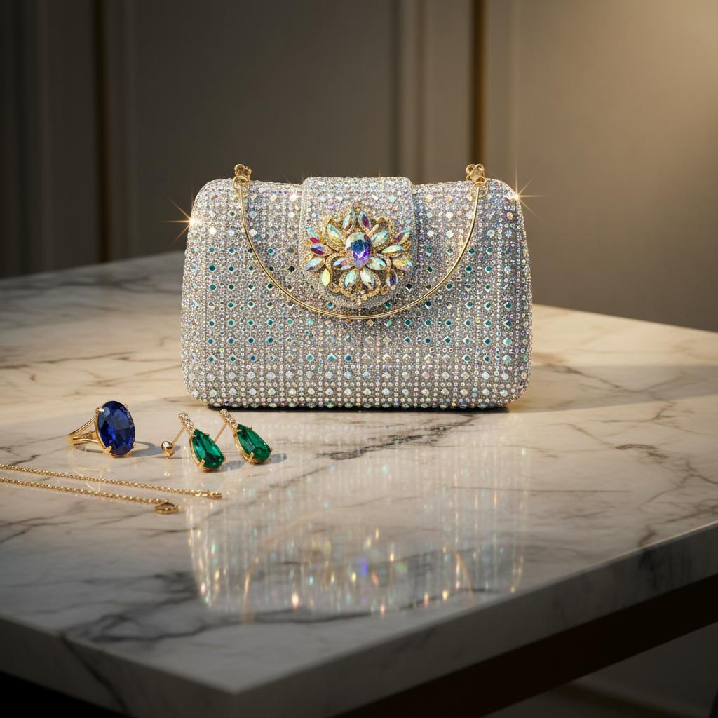 2026 High Stand Rhinestone Clutch Bag Diamond-Embellished Plaid Pattern Fully Embellished Magnetic Clasp New Women's Evening Bag