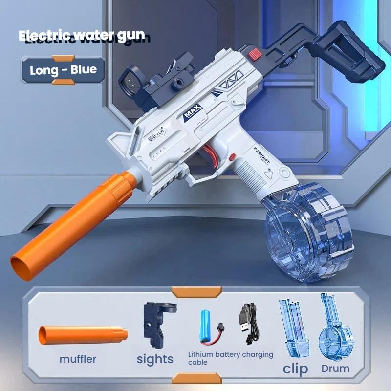 Uzi Style Electric Water Gun Pistol - Automatic Shooting with Accessories Set Summer Outdoor Beach Water Fight Toy Gifts