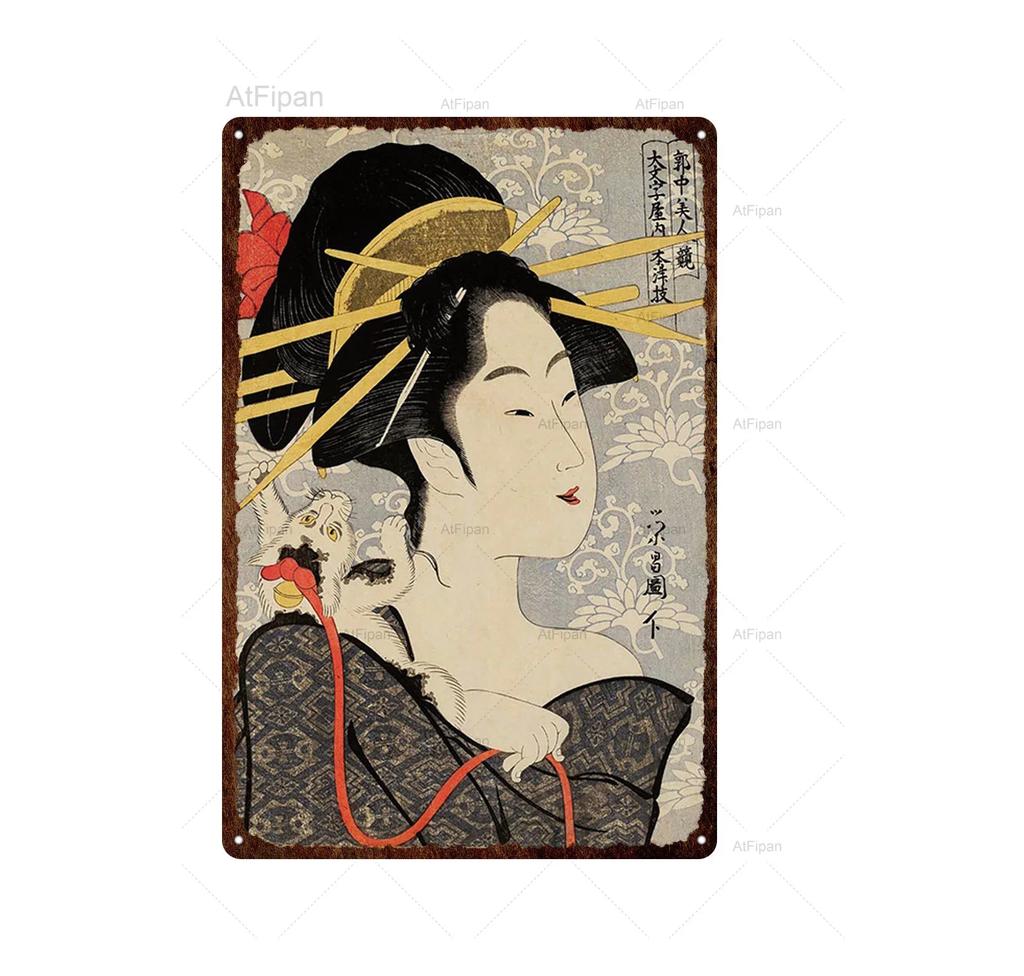 Vintage Japanese Samurai Cat Tin Sign  Retro Metal Wall Art for Home Decor  xCM  Unique Animal Tattoo Design