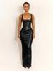 European & American Spicy Style Slim Low-Cut Leather Dress, Waist-Cinched, Hip-Hugging, U-Neck, Open-Back, Long, Sexy & Fashionable